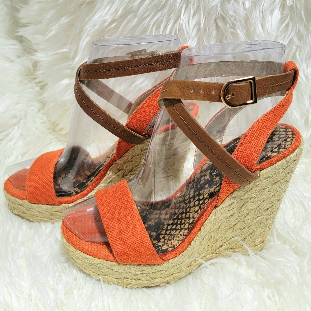 BCBGeneration, Size 7.5B, 5" heels, Orange Wedge Strappy Sandals.